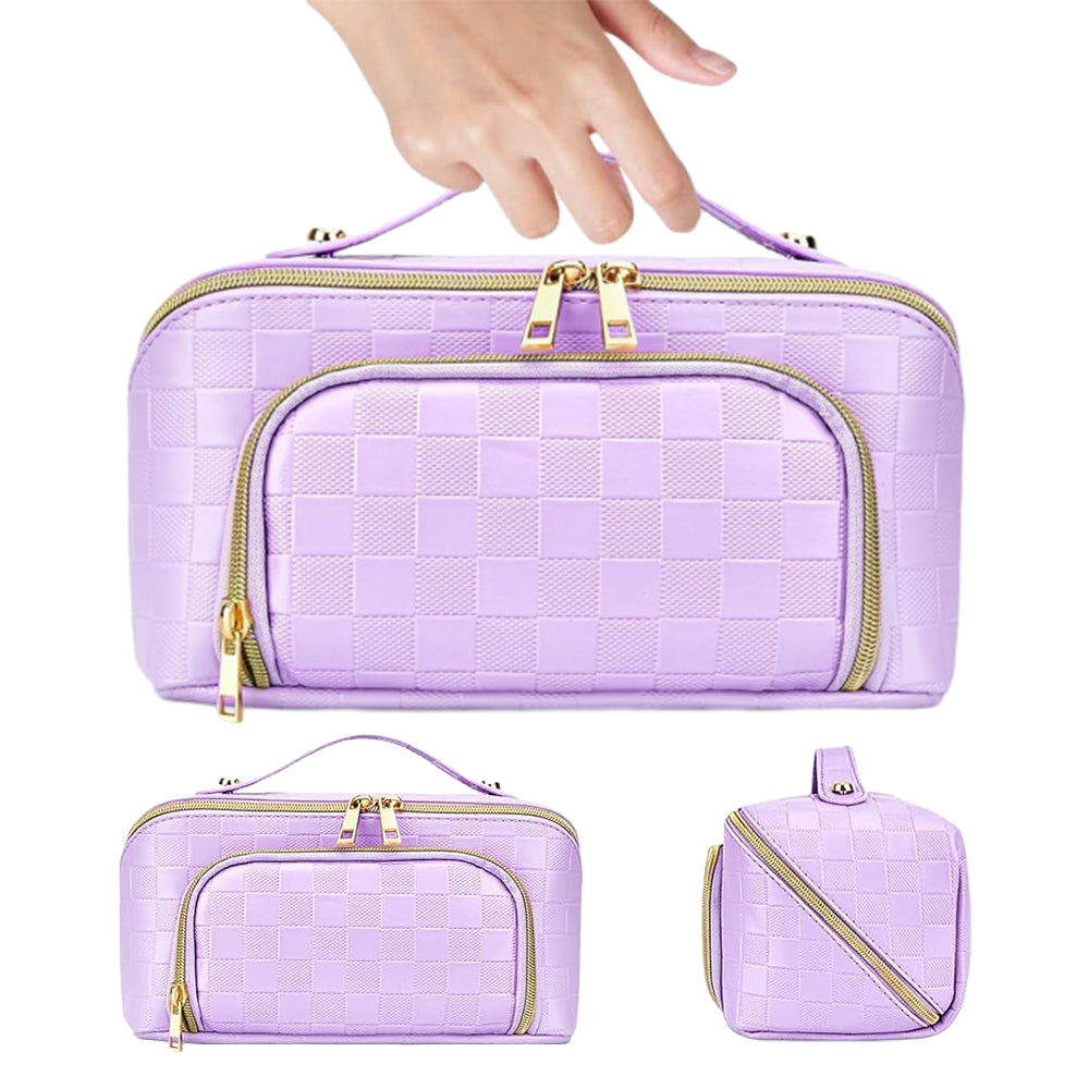 Large Capacity PU Leather Water-Resistant Checkered Cosmetic Bag Travel Makeup Bag