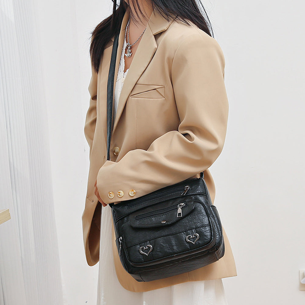 Retro Multi Pockets Crossbody Bag PU Leather Crossbody Shoulder Bag for Women