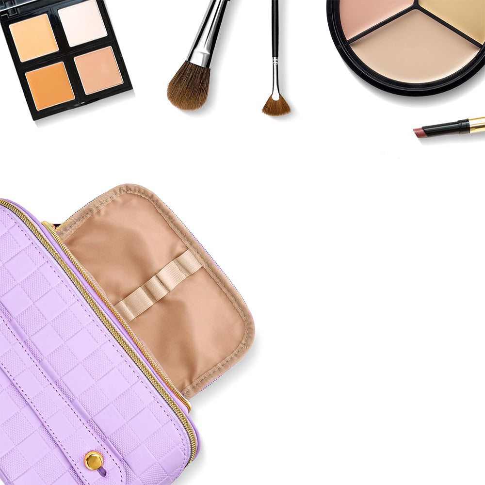 Large Capacity PU Leather Water-Resistant Checkered Cosmetic Bag Travel Makeup Bag