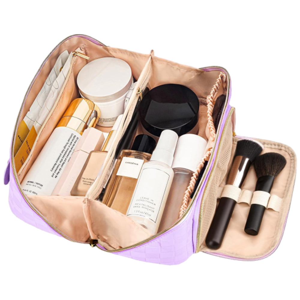Large Capacity PU Leather Water-Resistant Checkered Cosmetic Bag Travel Makeup Bag