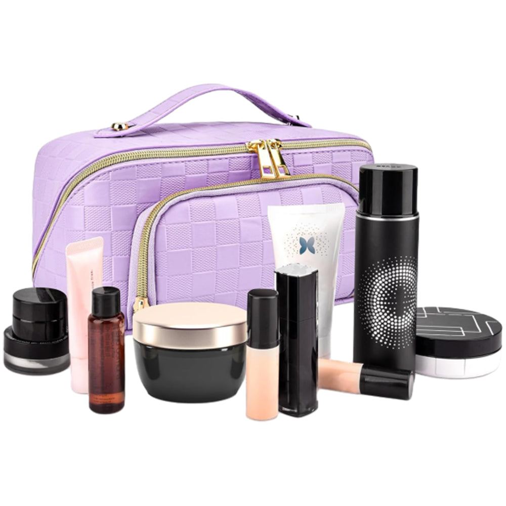 Large Capacity PU Leather Water-Resistant Checkered Cosmetic Bag Travel Makeup Bag