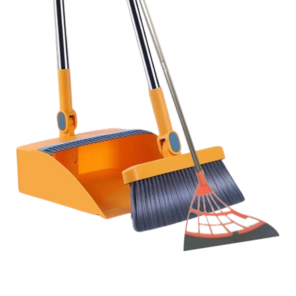3Pcs Set of Plastic Broom with Foldable Standing Dustpan and Scraper Broom
