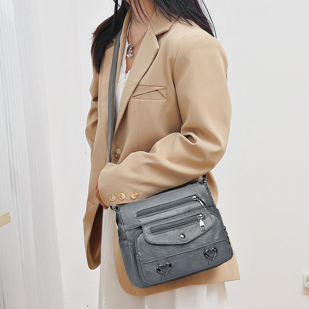 Retro Multi Pockets Crossbody Bag PU Leather Crossbody Shoulder Bag for Women