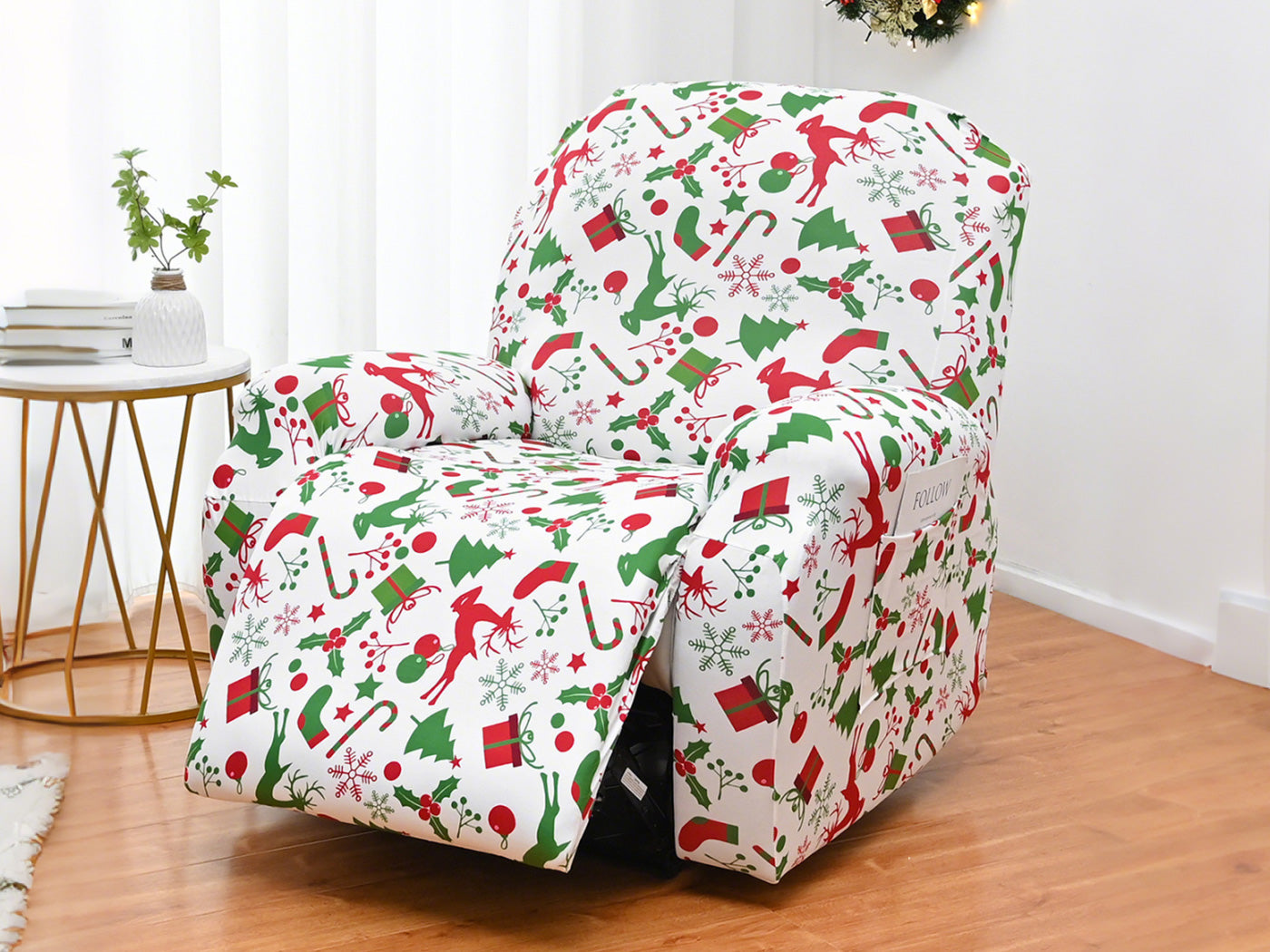 Christmas Recliner Chair Cover Sofa Slipcover with Side Pocket