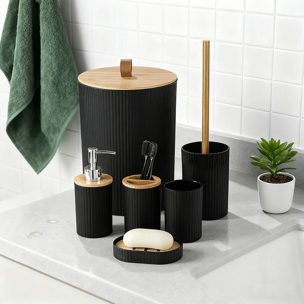 6 Pcs Bathroom Wash Set with Bamboo Lids and Plastic Body