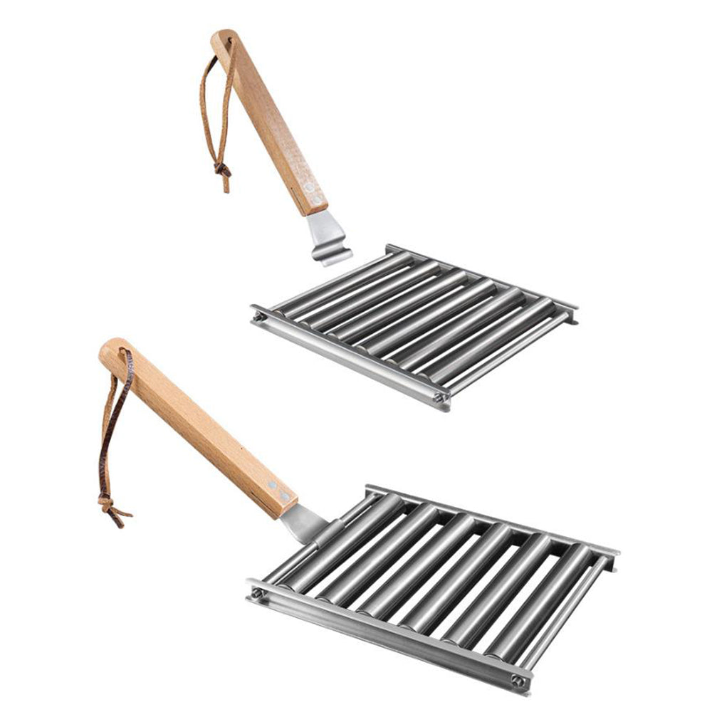 Stainless Steel Hot Dog Grill with Wooden Handle and 4 BBQ Skewers