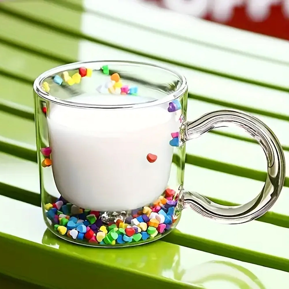 Double Wall Glass Cup with Colorful Love Granule Fillings