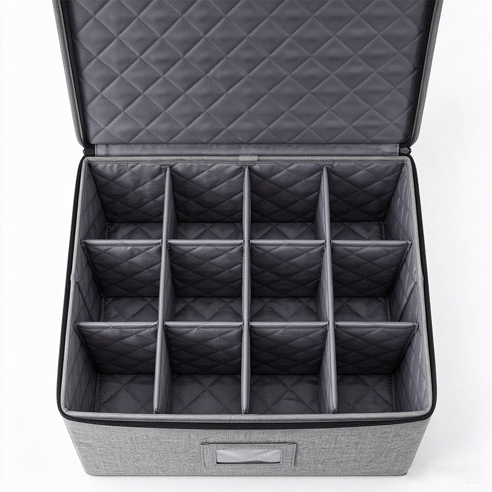 12 Compartment Quilted Fabric Wine Glass Storage Box with Dividers