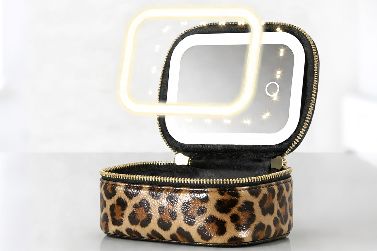 PU Leather Makeup Case Lighted Mirror LED Travel Cosmetic Organizer