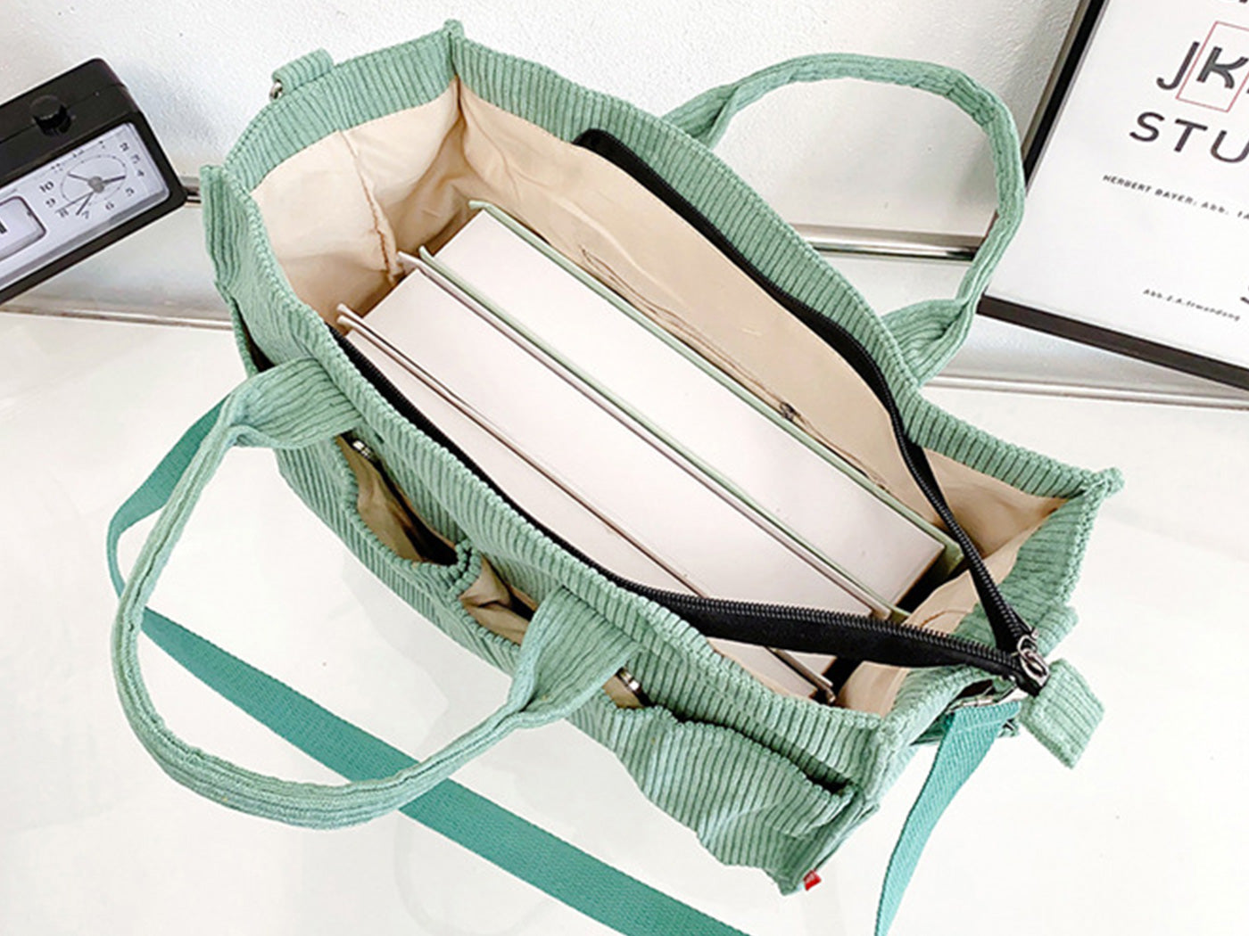Corduroy Tote Bag Zipper Shoulder Bag Corduroy Crossbody Bag Square Handbag