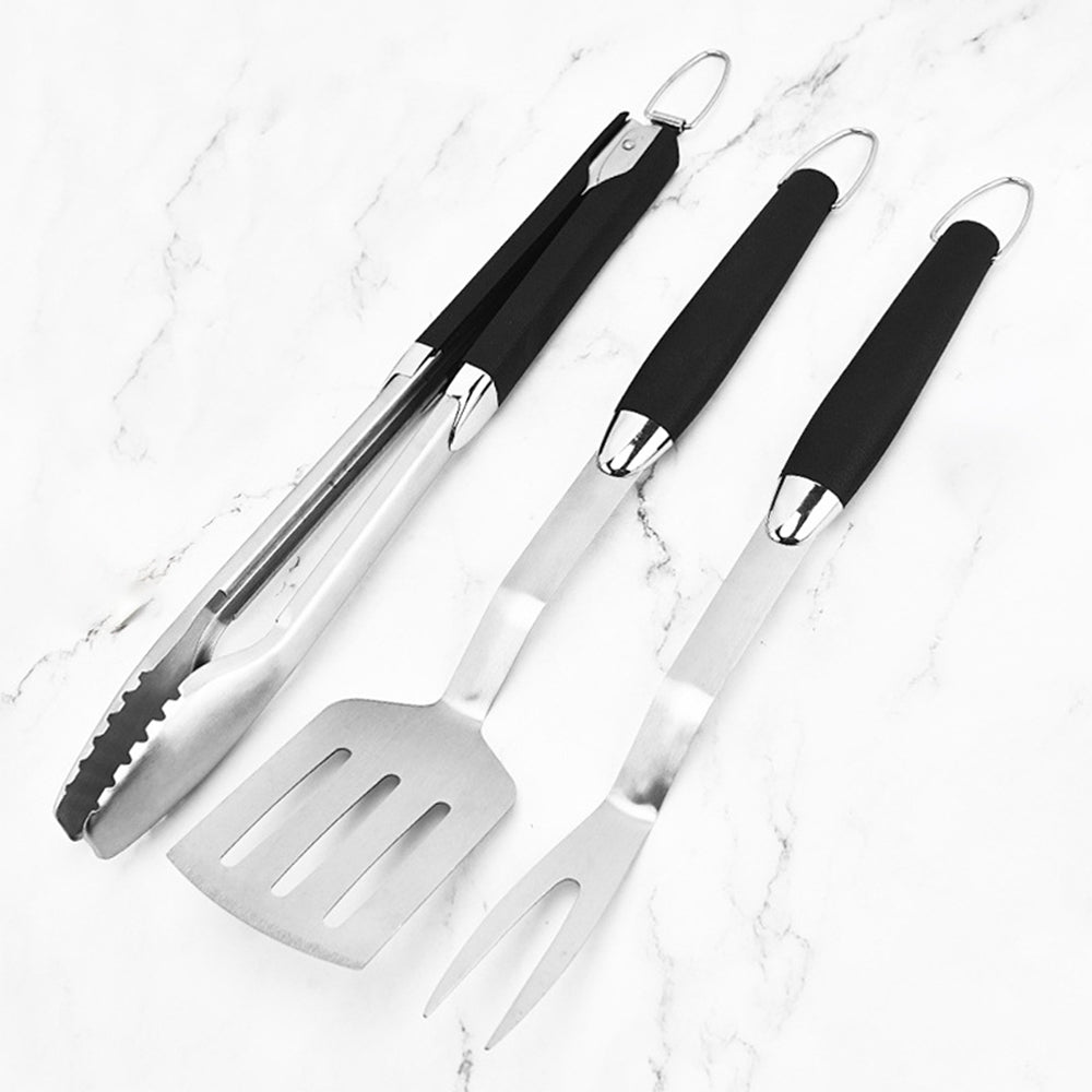 3 Piece Stainless Steel BBQ Fork Spatula and Tongs Tool Set