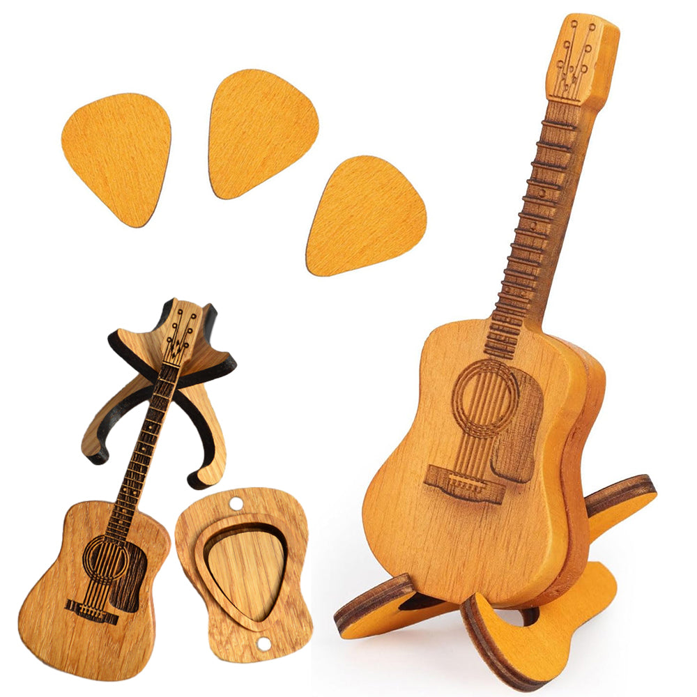 3Pcs Portable Wooden Acoustic Guitar Picks with Box and Holder