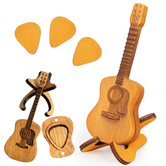 3Pcs Portable Wooden Acoustic Guitar Picks with Box and Holder