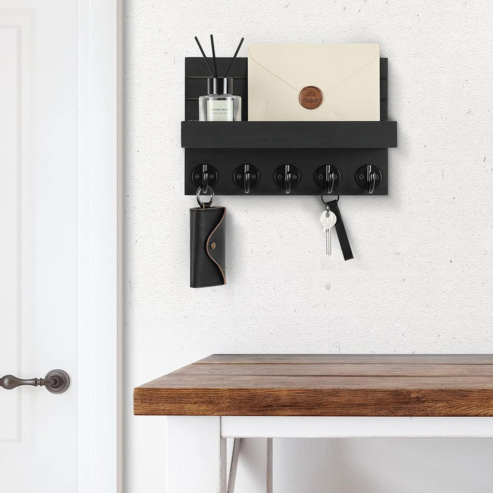 Rustic Wall-Mounted Entryway Organizer - Wooden Mail & Key Holder with Hooks