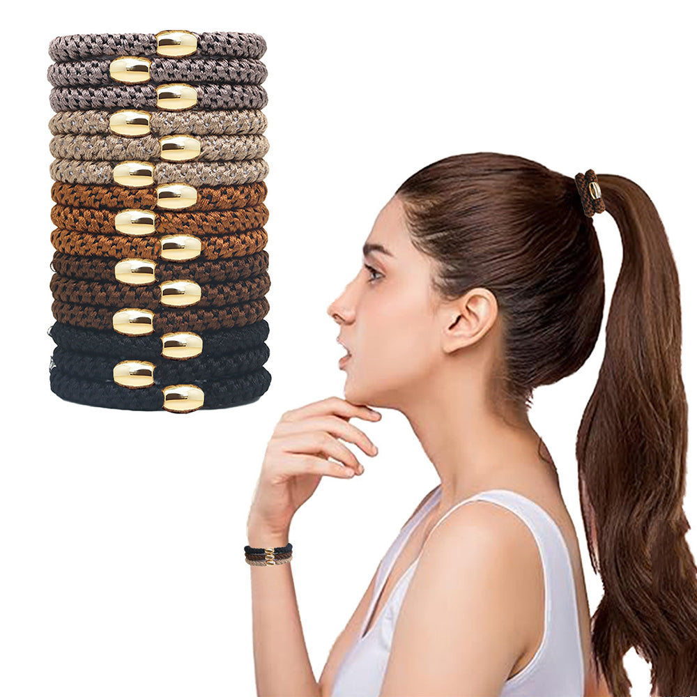 15 Pack Thick Hair Ties with Gold Beads for Women Girls Ponytail Holders