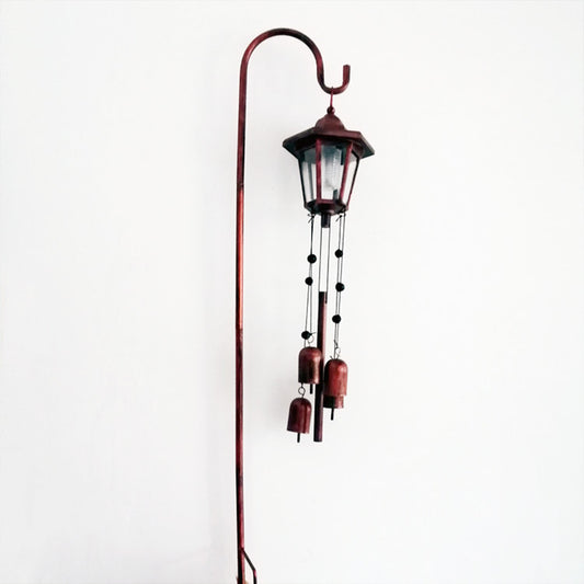 Solar Power Copper-Colored Lantern on Shepherd's Hook with Bells Wind Chime