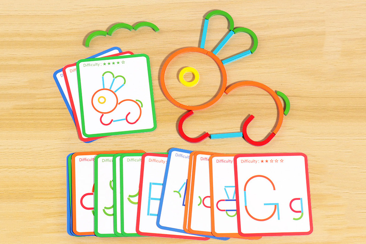142Pcs Wooden Pattern Blocks Set with Sticks and Rings Brain Teaser Toys
