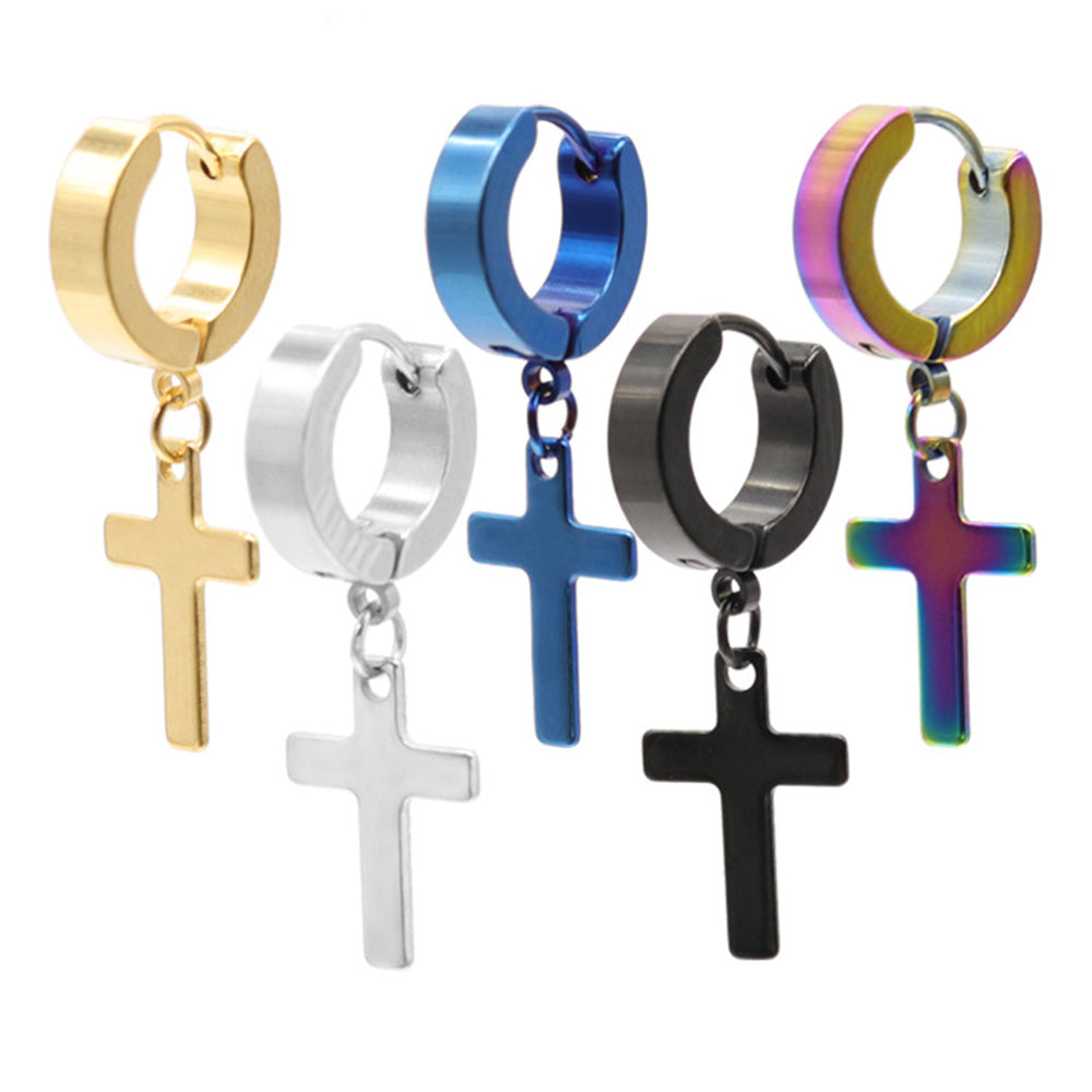 5 Pairs Unisex Cross Dangle Hoop Huggie Stainless Steel Earrings