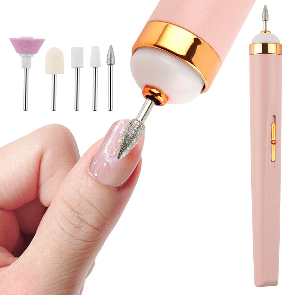 Portable USB Electric Nail File Drill Pen with 5 Grinding Heads