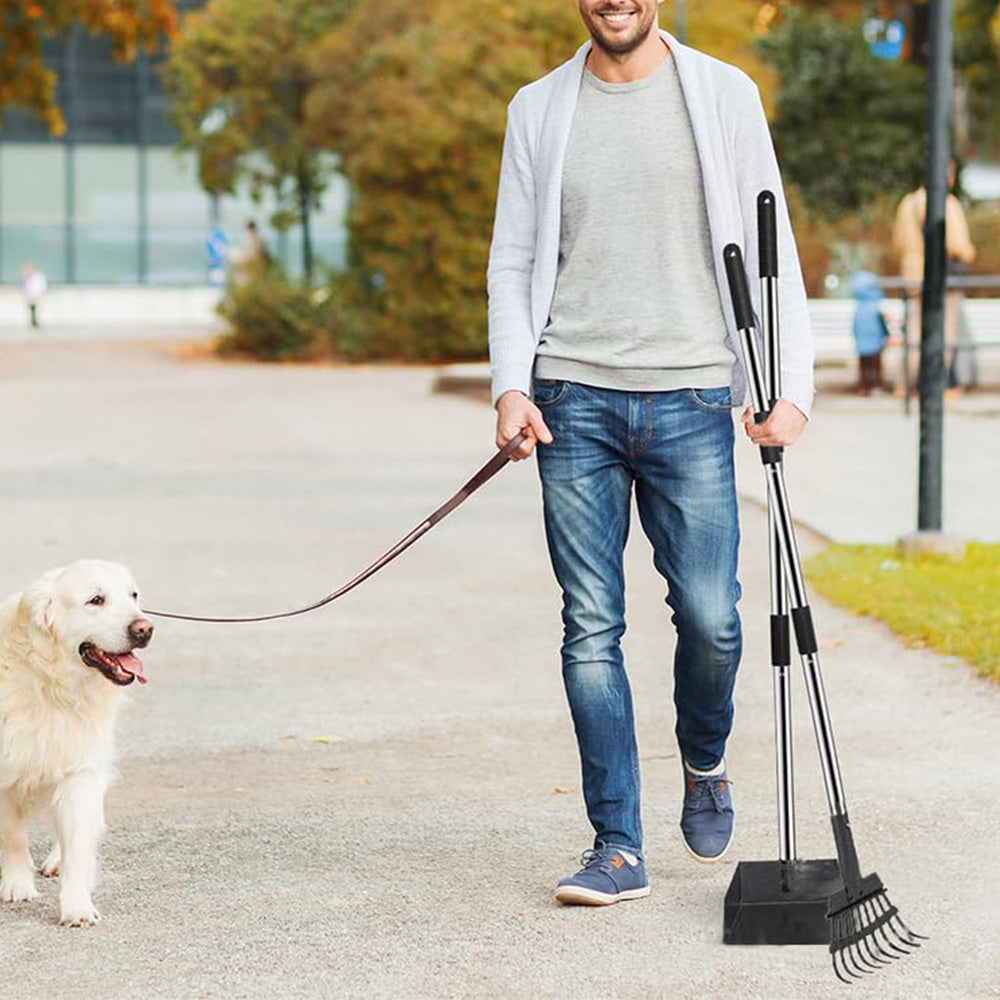 Dog Pooper Scooper Long Handle Stainless Steel Tray Rake Set