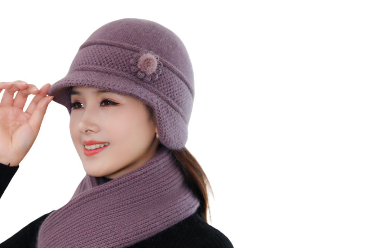 Winter Warm Earflap Hat Scarf Set for Elderly & Middle-Aged Ladies Women