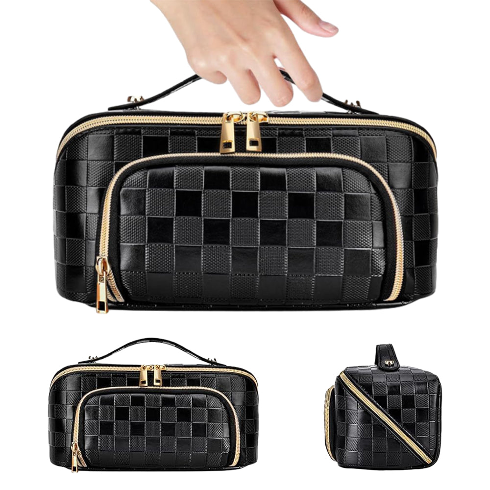 Large Capacity PU Leather Water-Resistant Checkered Cosmetic Bag Travel Makeup Bag