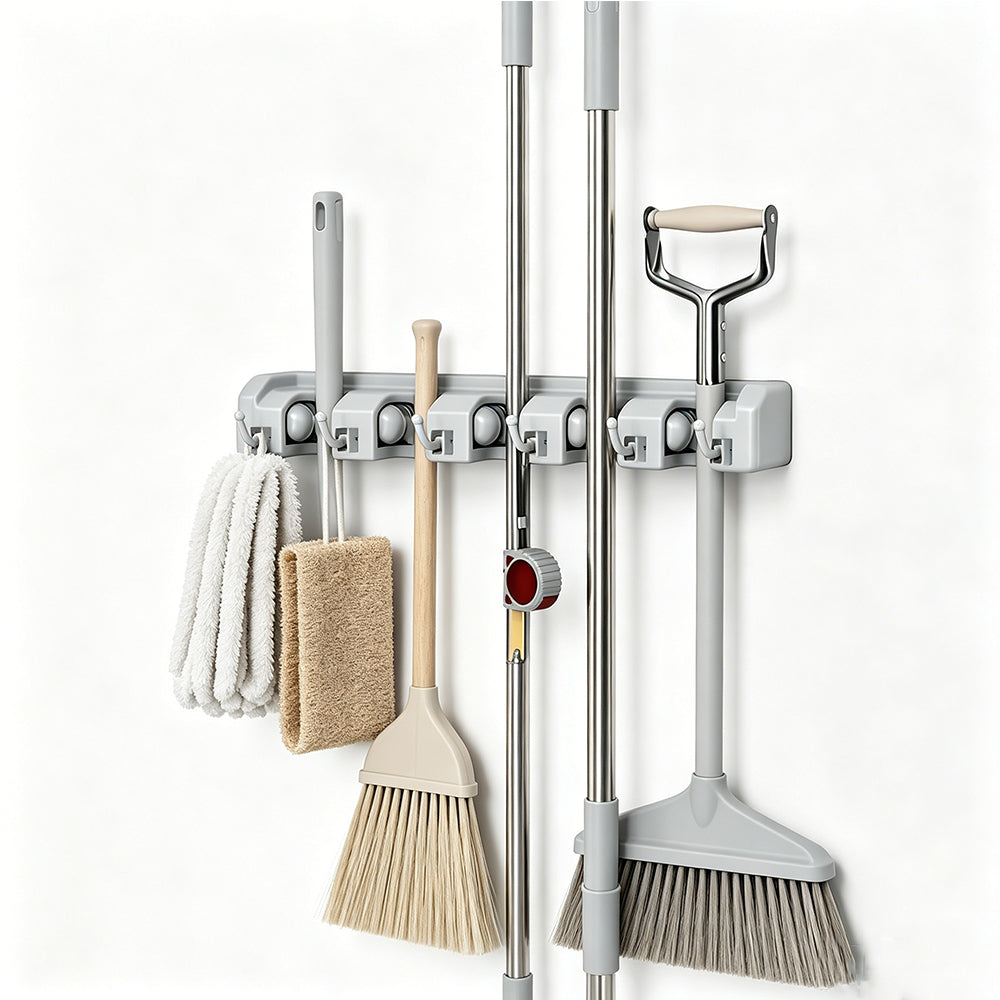 Wall Mount Mop Broom Holder Hanging Broom Organizer 6 Hooks and 5 Wide Grips