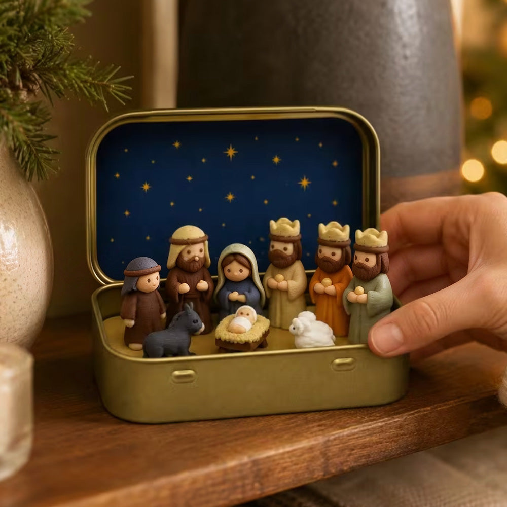 9 Pcs Nativity Scene Mini Figurines with Metal Storage Display Box