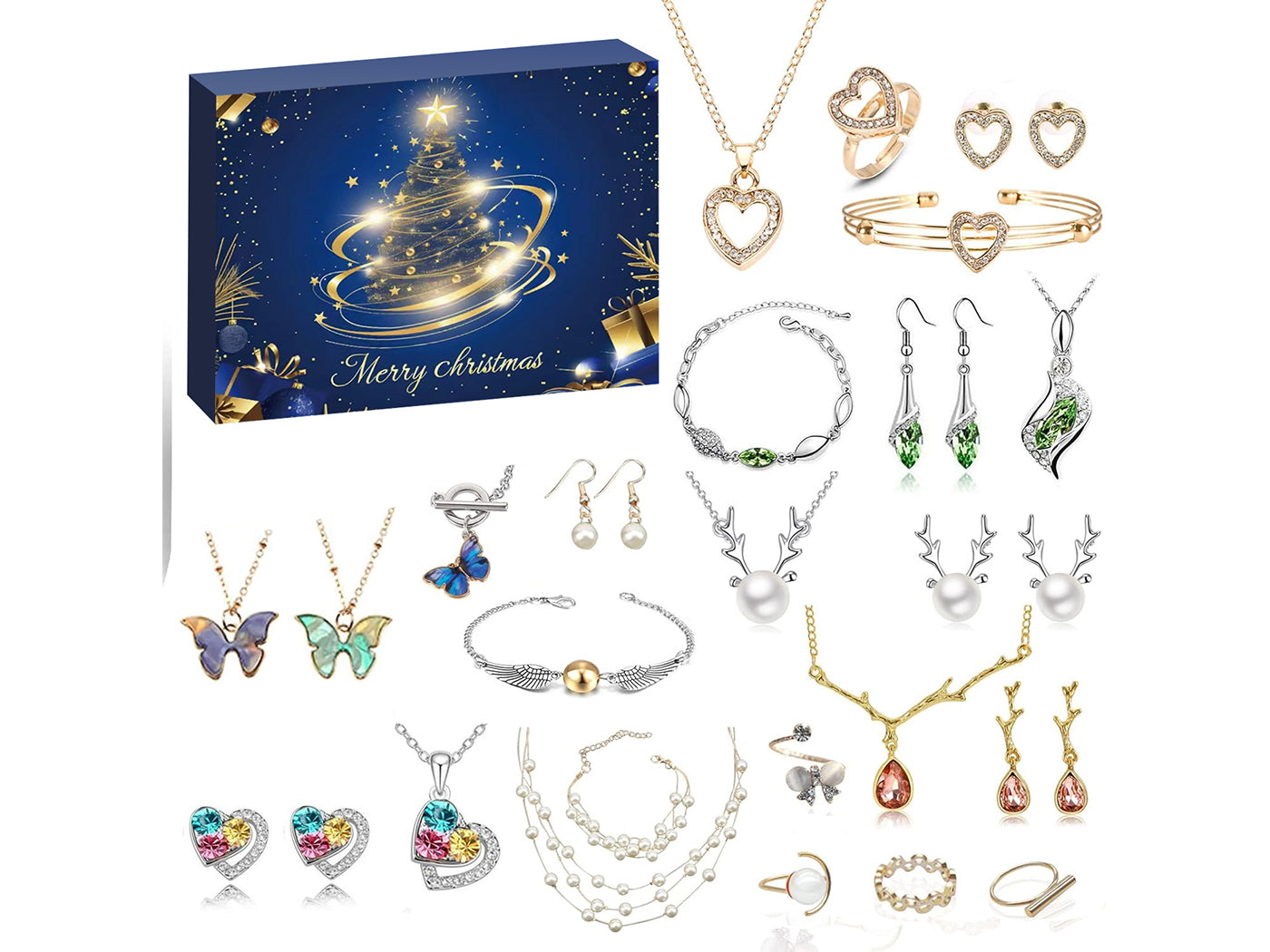 24 Days Countdown Jewelry Christmas Advent Calendar Bracelets Necklaces Earings Kit