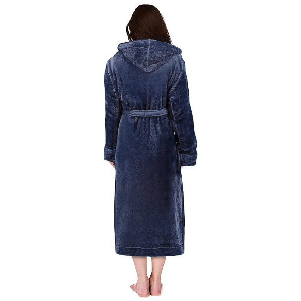 Women Robe Hood Flannel Fleece Full Length Bathrobe Shower Nightgown-Navy