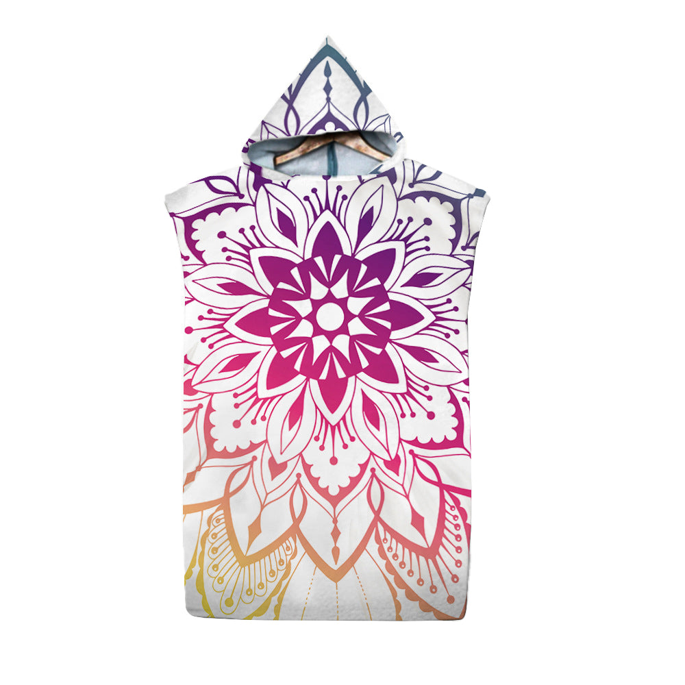 74*110cm Hooded Poncho Bathrobe Mandala Changing Robe Towel Beach Bath Quick Dry