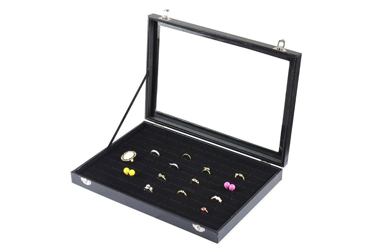 100 Slots Jewelry Ring Display Organizer Box with Glass Lid Earring Storage Tray