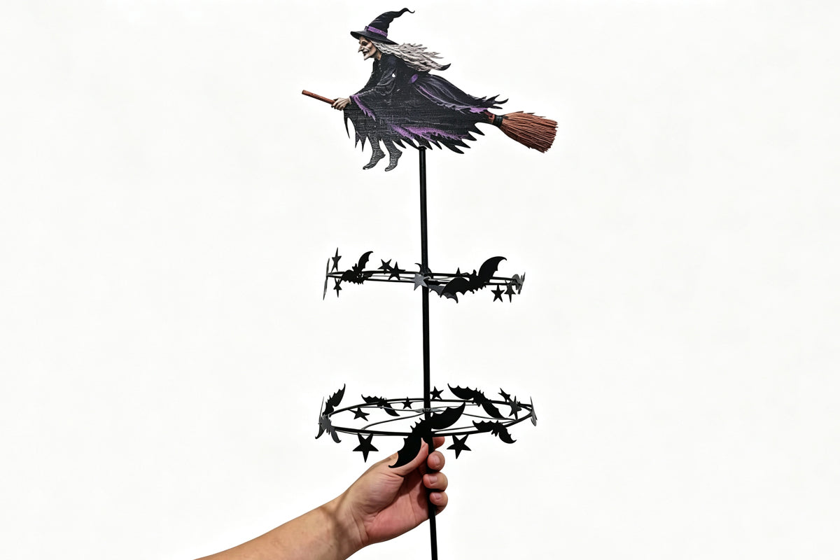 Halloween Witch Wind Spinner Garden Stake Metal Rotating Bat Star Windmill