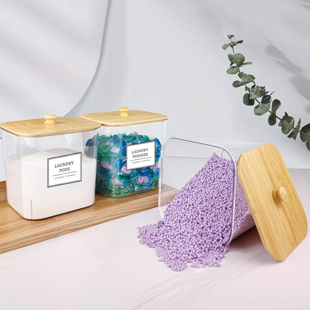 4Pcs Clear Laundry Storage Containers with Airtight Wooden Lids