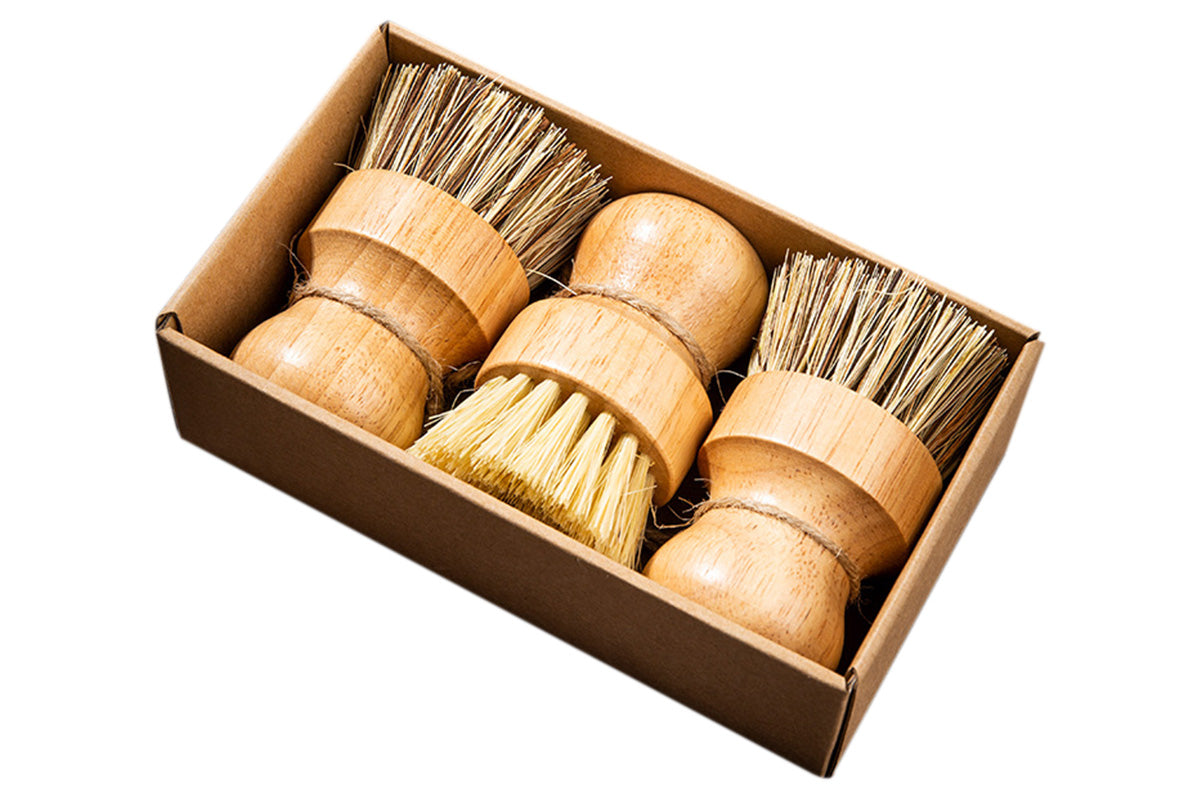 3PCS Bamboo Round Mini Dish Brush Natural Cleaning Brush Kitchen Scrubber Set