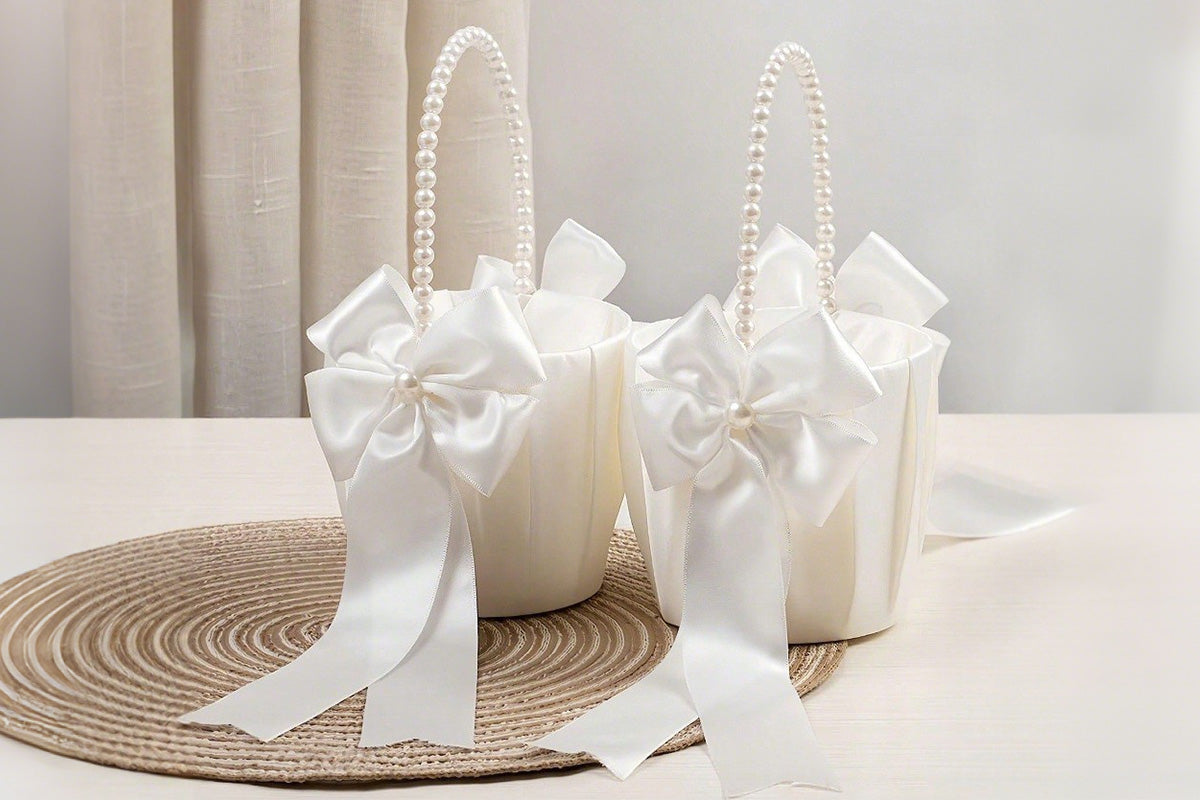 Wedding Flower Girl Basket with Pearl Handle Bowknot Satin Ribbon