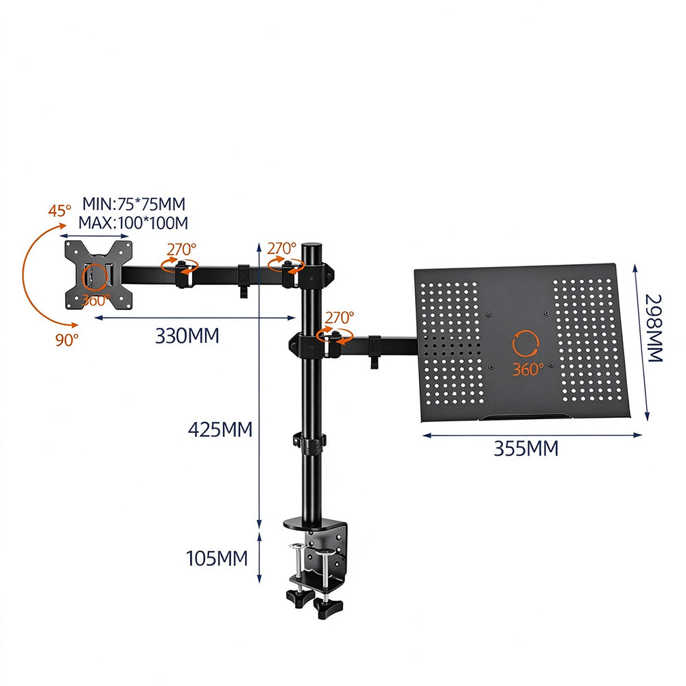 Dual Screen Laptop and Monitor Stand with Adjustable Independent Arms