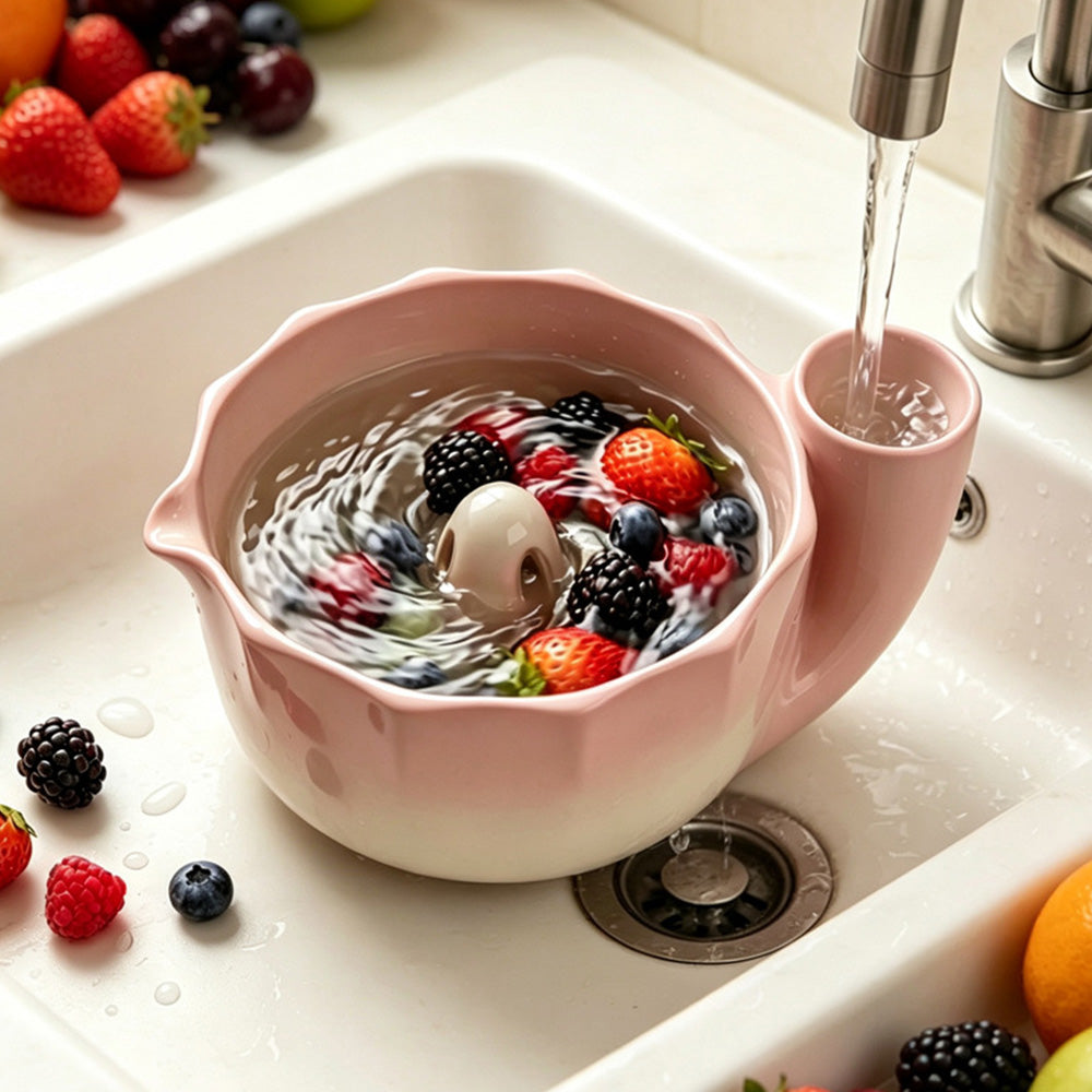 Self-Spinning Ceramic Berry Washing Bowl Set with Drain Holes and 2 Fruit Forks for Cleaning Berries