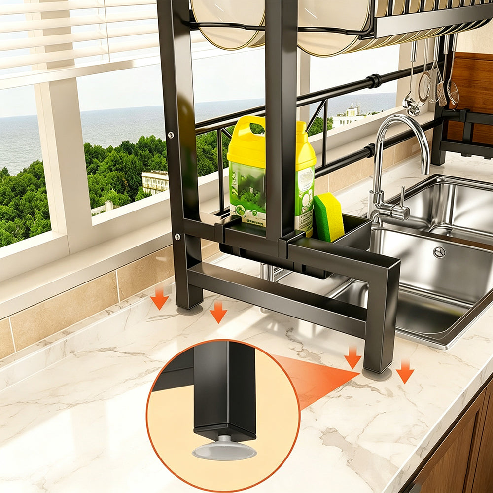 Over The Sink Dish Drying Rack Adjustable Large Capacity Stainless Steel Drainer with Cutlery Utensil Holders
