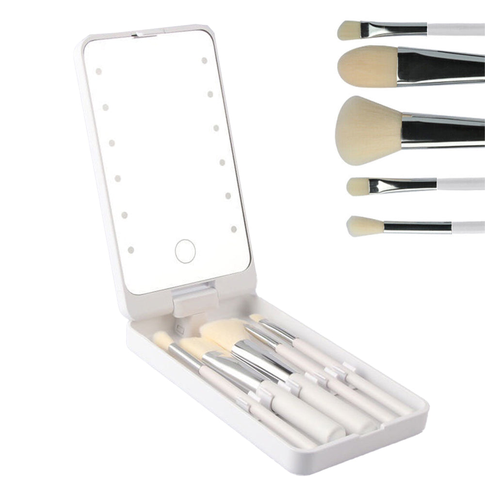 Compact LED Makeup Mirror with Cosmetic Brush and Holder
