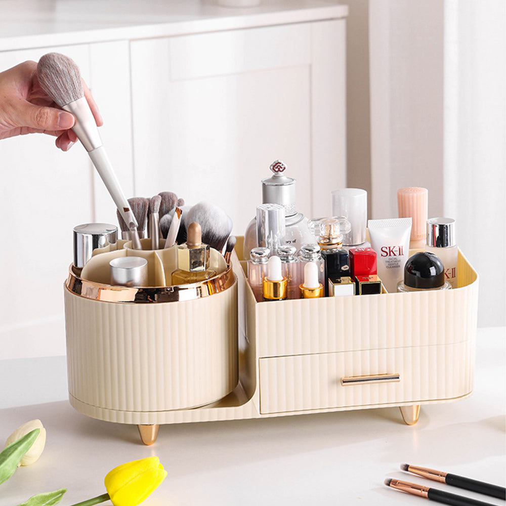 360 Degree Rotating Makeup Organizer for Brush Holder and Drawers