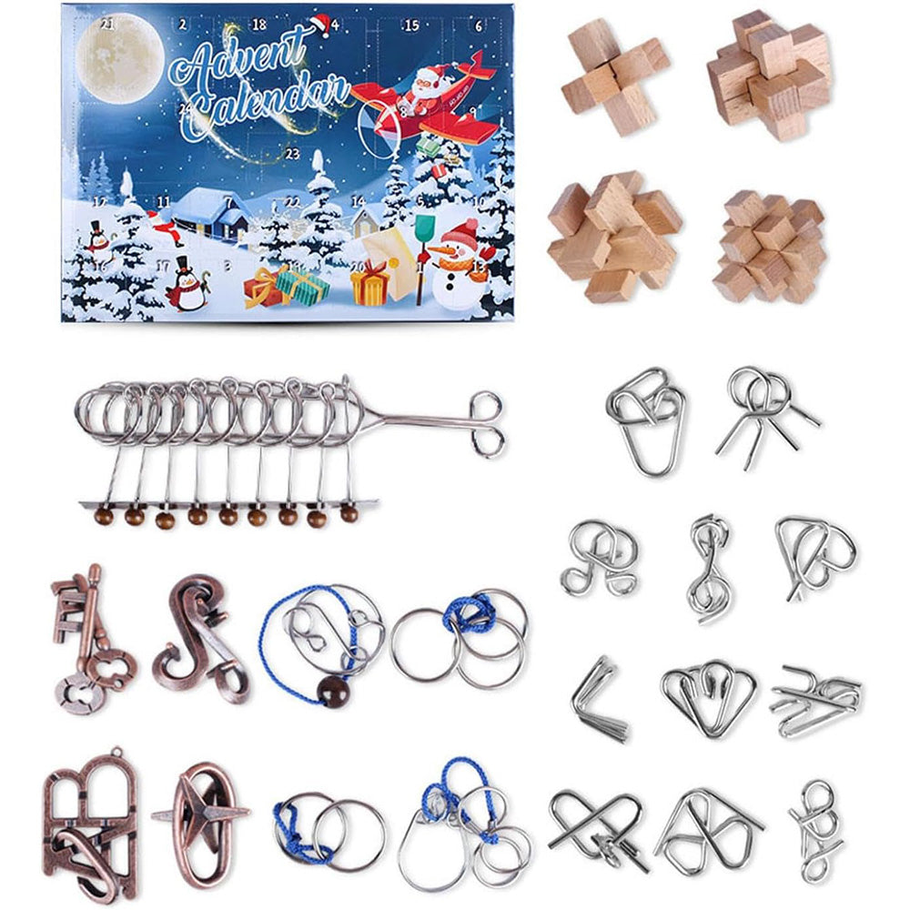 Christmas Calendar 24 Days of Wooden Brain Teaser Puzzles Toys Kit