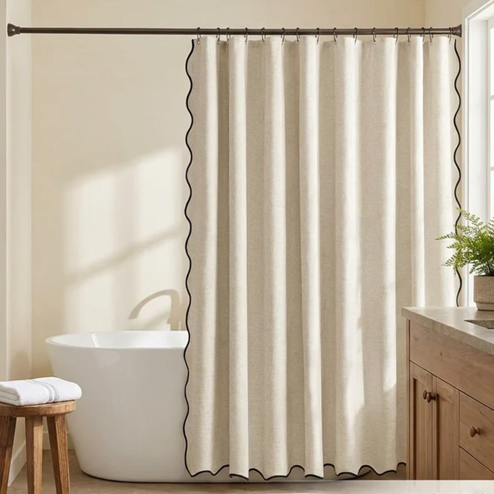Waterproof Shower Curtain Thick Boho Wavy Edge With Rustproof Hooks