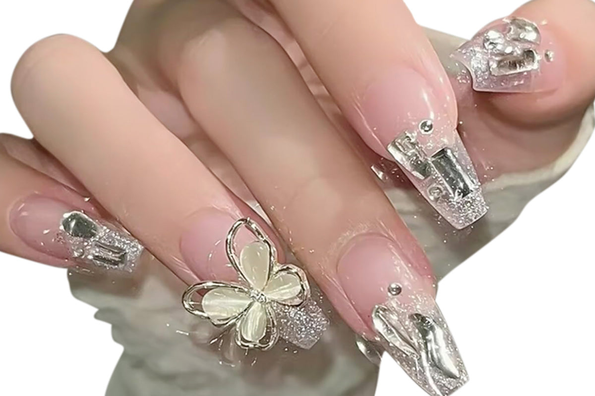 22-Piece Reusable Press-On Nail Set with Floral Design for Easy Manicure