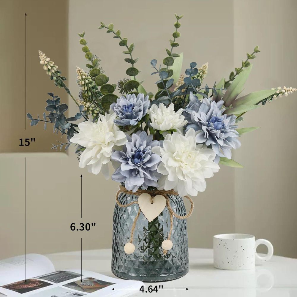 Silk Artificial Flowers with Glass Vase Set for Home Decoration