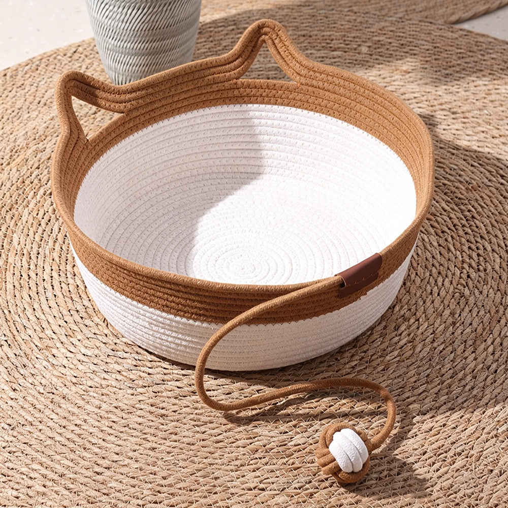 Handwoven Cat Basket Rope Cotton Pet Bed Round Boho Style Cat Bed with Teaser Ball
