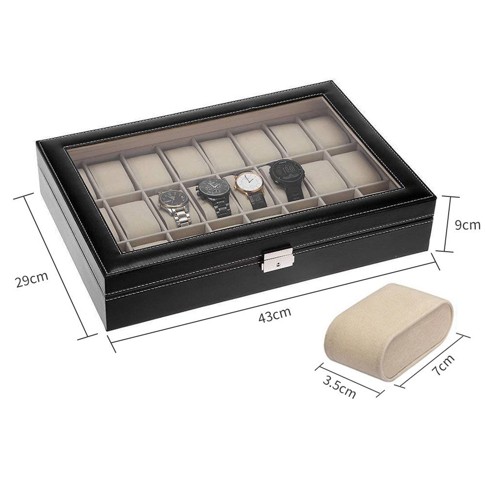 24 Compartment PU and Glass Watch Display Storage Box for Jewelry