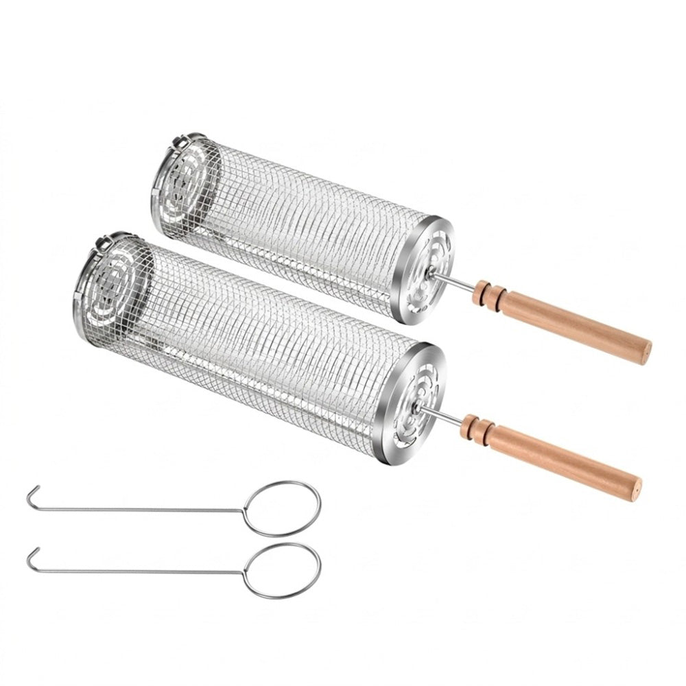 2 Pack Stainless Steel Rolling Grill Baskets with Engineered Wood Handles