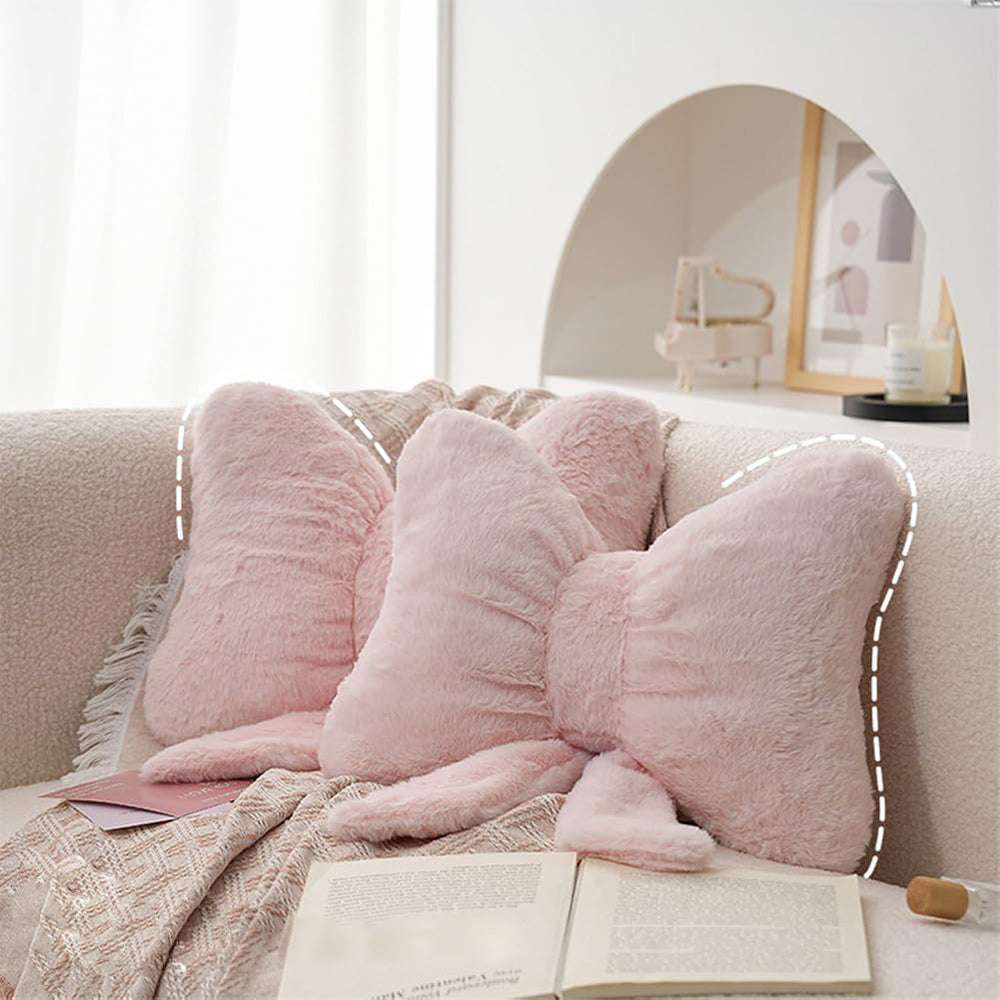 Soft Furry Bow Throw Pillow Plush Decorative Cushion Pink