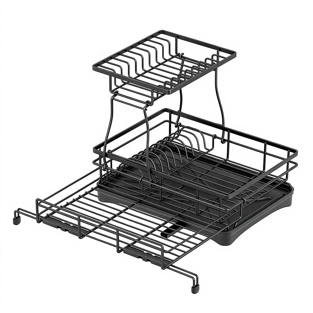 Expandable Carbon Steel Dish Drying Rack with Rotating Drain Spout-Black